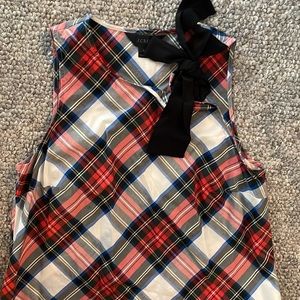 J Crew bow shoulder sleeveless cotton poplin tartan top